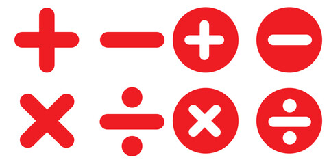 Four basic mathematical operation symbols plus minus multiply and divide. Addition, subtraction, multiplication, division sign, icon symbol. eps 10