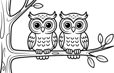 Adorable Cartoon Owls Perched on Branch, Black and White Line Art Illustration