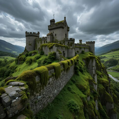 Naklejka premium Majestic Castle on Verdant Hilltop: A Breathtaking Landscape