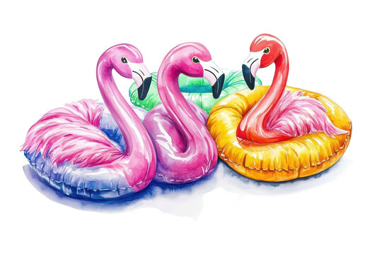 Colorful watercolor illustration of three vibrant inflatable flamingos in various colors and playful poses, ideal for summer pool activities