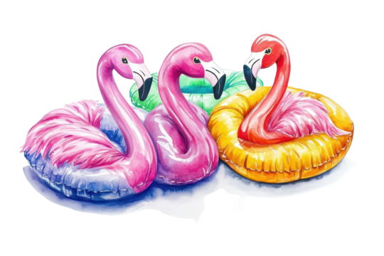 Colorful watercolor illustration of three vibrant inflatable flamingos in various colors and playful poses, ideal for summer pool activities