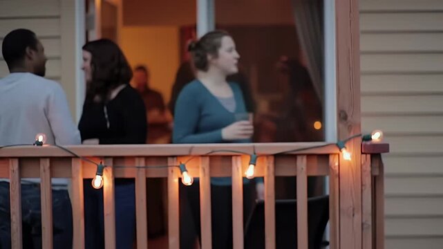 People Talking on Deck at Evening Party with String Lights