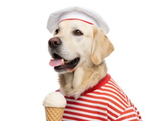 Golden retriever wearing a chef hat and striped shirt holding an ice cream cone on white background