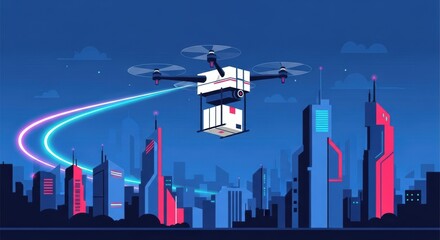 Futuristic Drone Delivering Package Over Digital Cityscape