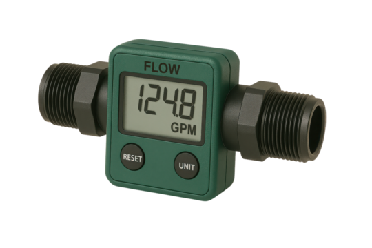 Digital flow meter showing FLOW 124.8 GPM isolated PNG with Transparent Background