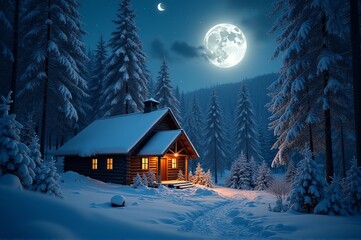 Fototapeta premium Nestled among tall evergreen trees, a cozy cabin radiates warmth with golden light from its windows, creating a peaceful atmosphere on a moonlit winter night