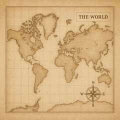 Vintage world map illustration with compass rose and aged parchment background