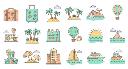 Obraz premium Collection of Line Art Travel Icons - Beaches, Hotels, and Air Travel.