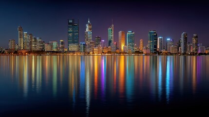 Fototapeta premium Night city skyline with sparkling skyscrapers, reflections dancing on water, vibrant metropolis energy