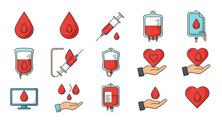Collection of Blood Donation Icons - Syringes, Bags, and Droplets.