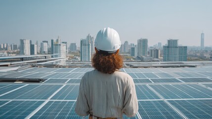 Professional female engineer assessing rooftop solar panels, modern city and clear sky background, sustainability-focused work scene