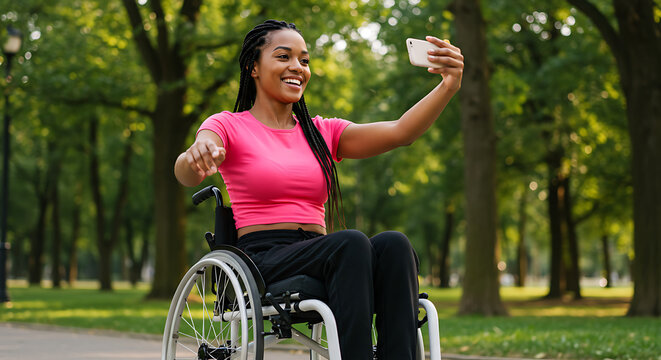 Young Black woman smiling and taking a selfie in park on wheelchair  