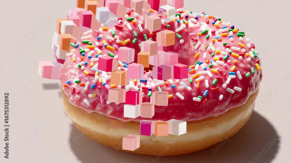 Poster colorful donut with pink icing and sprinkles, gradually transforming with pixelated effects, showcas