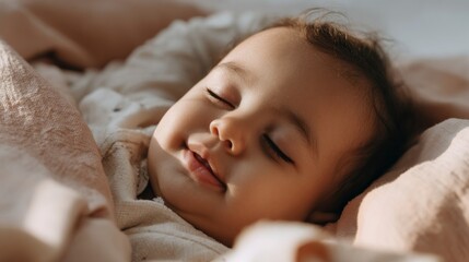 Obraz premium Baby peacefully sleeping in warm light with cozy blankets during a calm morning