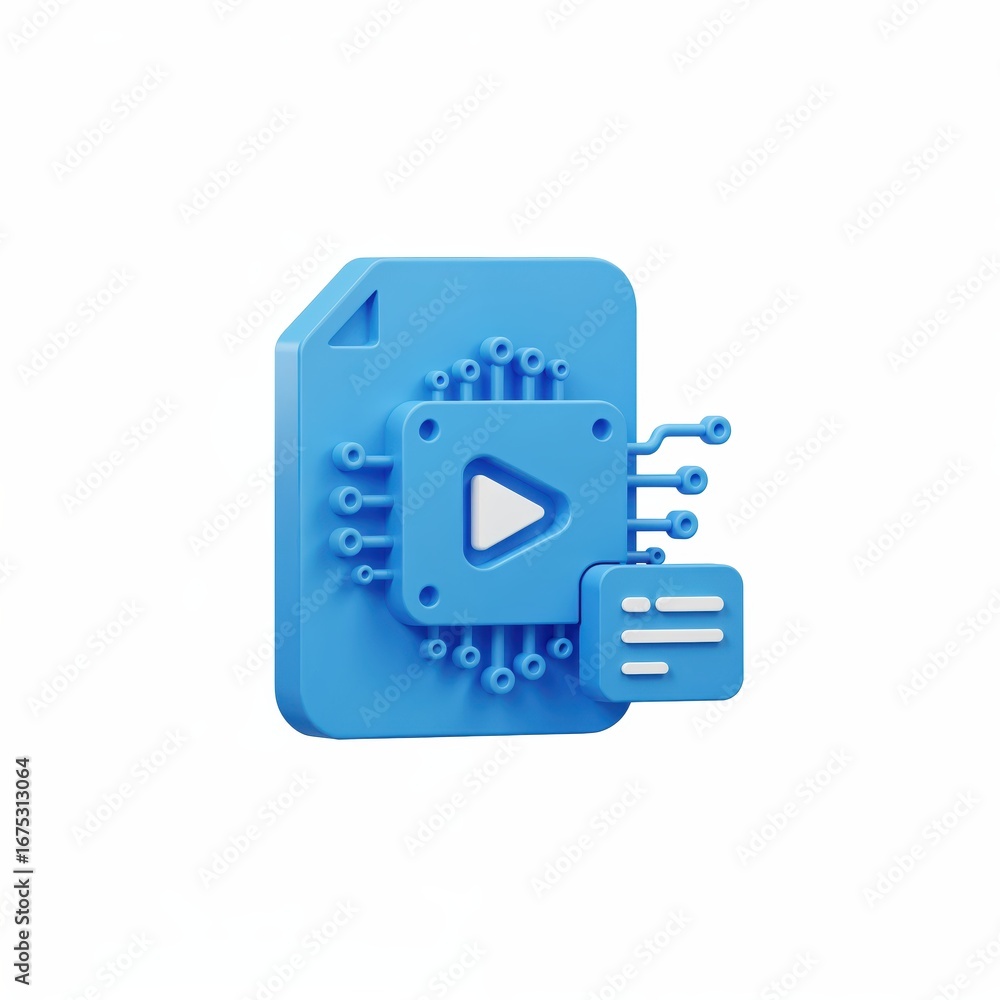 Poster file and chip: a 3d-rendered image showcases a file alongside a circuit board-integrated play icon, 