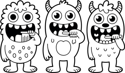 Cute Monsters Brushing Teeth:  Black and White Line Art Illustration