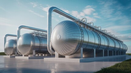 Industrial Refinery Tanks: A trio of immense, gleaming industrial tanks, reflecting the sky and surrounding landscape, stand majestically against a backdrop of an azure sky, signifying strength.