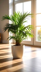 Fototapeta premium Indoor palm plant in a white pot by a window. Sunlight streams in