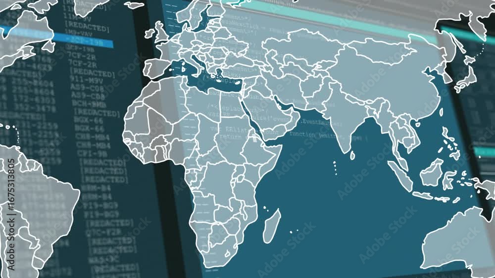 Aufkleber globe expanding, causing borders fading, code scrolling, cyan bars moving for monitoring data