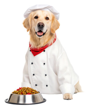 Naklejki Golden retriever dog dressed as a chef with a bowl of food on a white background in studio shot