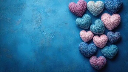 Handcrafted knitted hearts adorn a textured blue surface, conveying warmth and affection, ideal for valentine's day