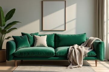 A vibrant green sofa sits invitingly in a spacious living room, adorned with a soft blanket and accent pillows