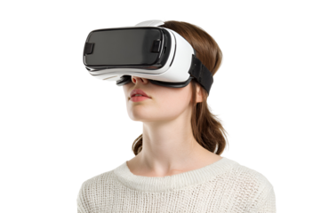 Immersive virtual reality experience woman wearing vr headset exploring new worlds digital entertainment modern technology simulation game augmented reality cyberspace innovation