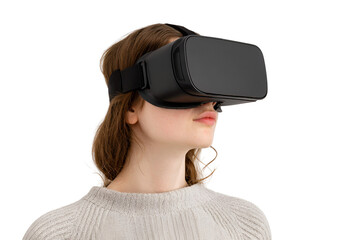 Young woman wearing virtual reality headset experiencing digital innovation immersed in interactive technology exploring metaverse simulation connected to network enjoying