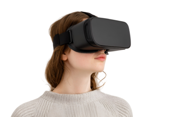 Young woman wearing virtual reality headset experiencing digital innovation immersed in interactive technology exploring metaverse simulation connected to network enjoying