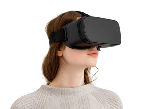 Young woman wearing virtual reality headset experiencing digital innovation immersed in interactive technology exploring metaverse simulation connected to network enjoying