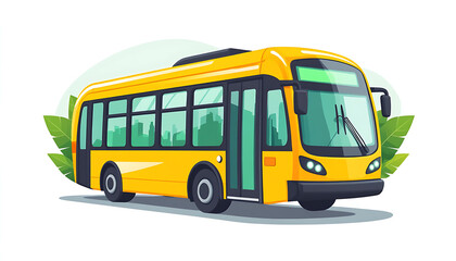 Yellow city bus in a cartoon style surrounded by green foliage  