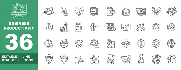 Remote work line icon set. Exclusive remote work line icon collection. Containing video, multitasking, idea, planning, schedule, briefcase, teamwork, support, efficiency, investment. Editable stroke