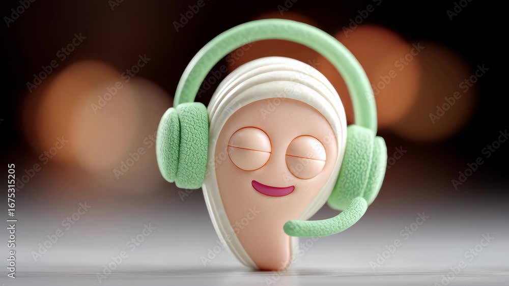 Poster playful animated character with oversized headset transitions through expressions, showcasing a joyf