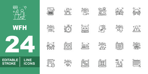 WFH line icon set. Exclusive WFH line icon collection. Containing workplace, laptop, employee, delivery, network, manager, desk, freelancer, battery, stopwatch, meeting, thinking. Editable stroke