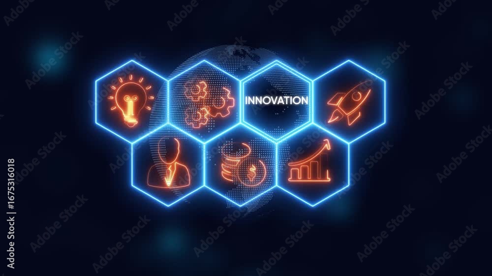 Aufkleber digital innovation concept with glowing hexagons and business icons on a globe background idea light