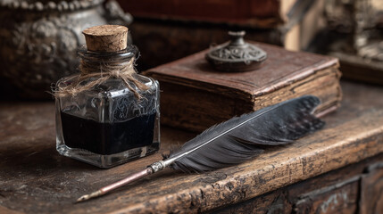 A bottle of ink is on a table next to a feather
