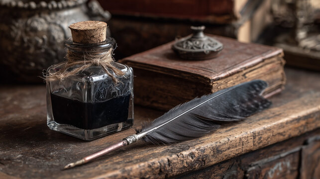 A bottle of ink is on a table next to a feather - Powered by Adobe