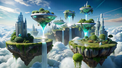 3D Fantasy Futuristic Floating Islands in the Sky