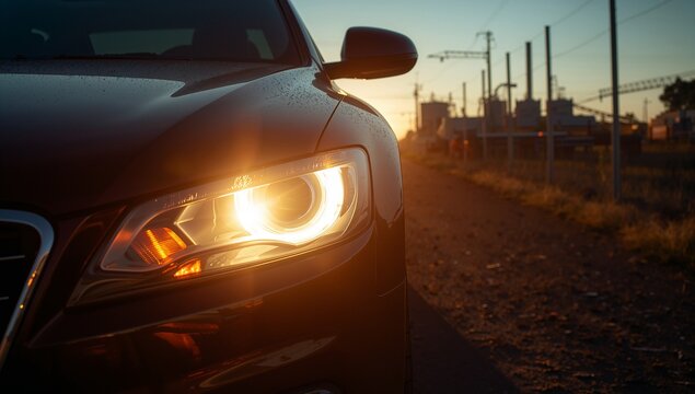 Close-up view of a car's illuminated headlight at sunrise or sunset, highlighting the details of the modern design, with a backdrop of an industrial area.