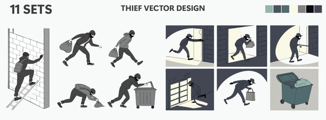 Thief Vector Illustration Set, Burglar & Robber Icon Collection, Masked Criminal Silhouette Design Pack