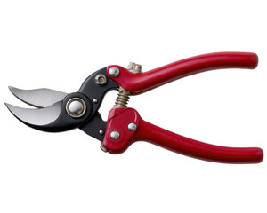 Pruning shears gardening tool metal blade red handle spring mechanism sharp hand tool isolated horticulture maintenance used for trimming plants and branches