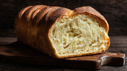Sliced bread on a dark wooden board with a knife and cloth, ideal for rustic food blogs or bakery menus, or food packaging designs.