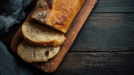 Sliced bread on a dark wooden board with a knife and cloth, ideal for rustic food blogs or bakery menus, or food packaging designs.