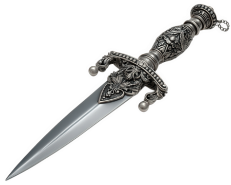 Ornate dagger antique silver blade isolated on transparency background, decorative handle with intricate floral pattern, sharp weapon, historical collectible, elegant craftsmanship - Powered by Adobe
