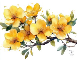 Naklejka premium Watercolor painting of vibrant yellow flowers blooming on a leafy branch with soft green leaves and delicate detailed petals conveying warmth and natural beauty