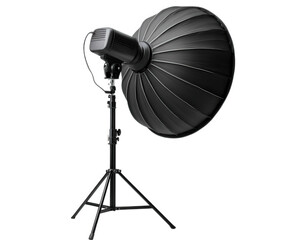 Studio softbox light photography equipment on adjustable tripod stand, black umbrella reflector, professional lighting for portrait or product shoot, isolated on transparency background