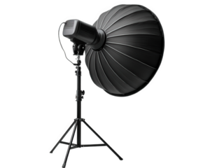 Studio softbox light photography equipment on adjustable tripod stand, black umbrella reflector, professional lighting for portrait or product shoot, isolated on transparency background