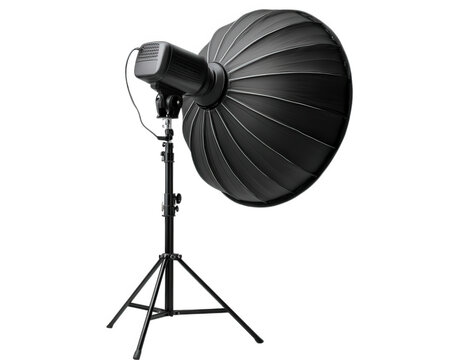 Studio softbox light photography equipment on adjustable tripod stand, black umbrella reflector, professional lighting for portrait or product shoot, isolated on transparency background - Powered by Adobe