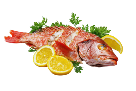 Steamed red snapper served with fresh herbs and lemon slices against a white background, showcasing its vibrant colors and culinary appeal
