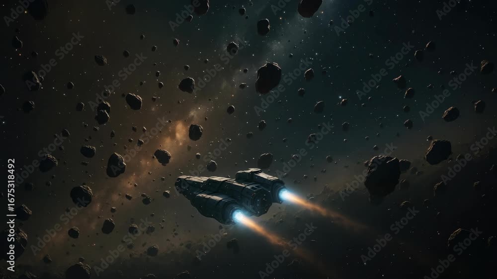 Poster a dynamic space scene with a spaceship navigating through an asteroid field. captured from a cinemat